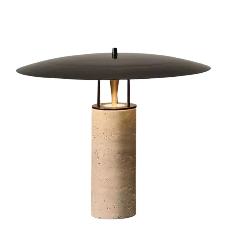 Lampe de Bureau à Poser Socle Pierre – Abat-jour Arrondi, Noir Beige