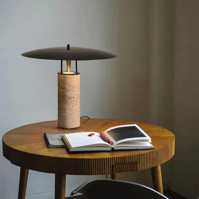 Lampe de Bureau à Poser Socle Pierre – Abat-jour Arrondi, Noir Beige
