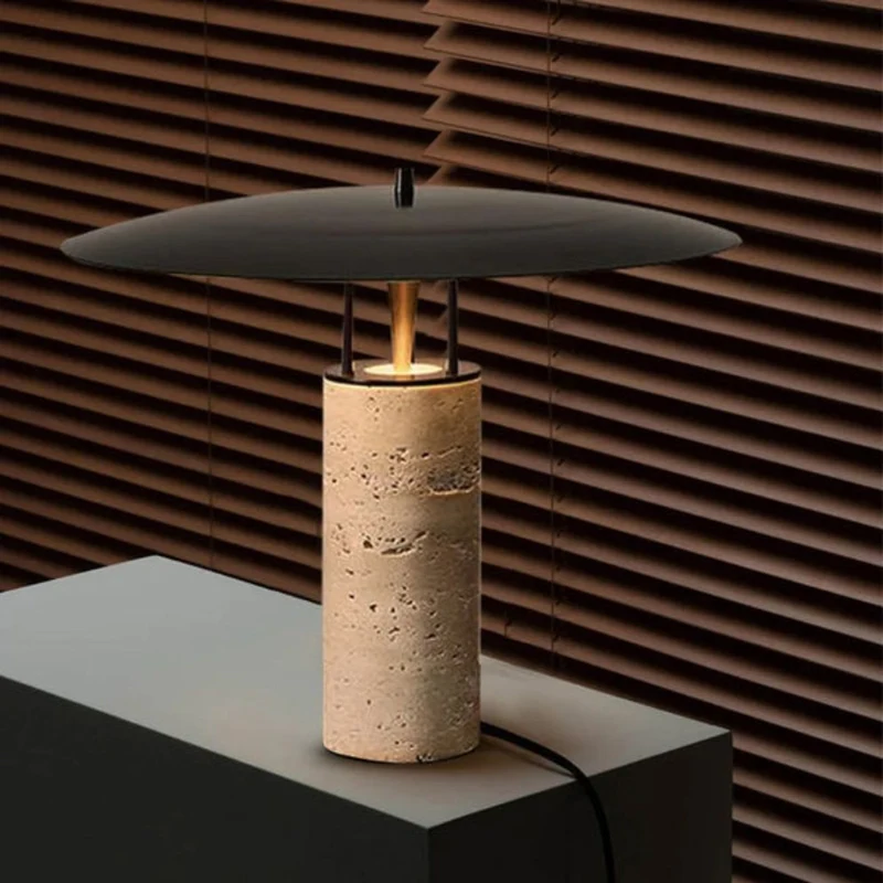 Lampe de Bureau à Poser Socle Pierre – Abat-jour Arrondi, Noir Beige