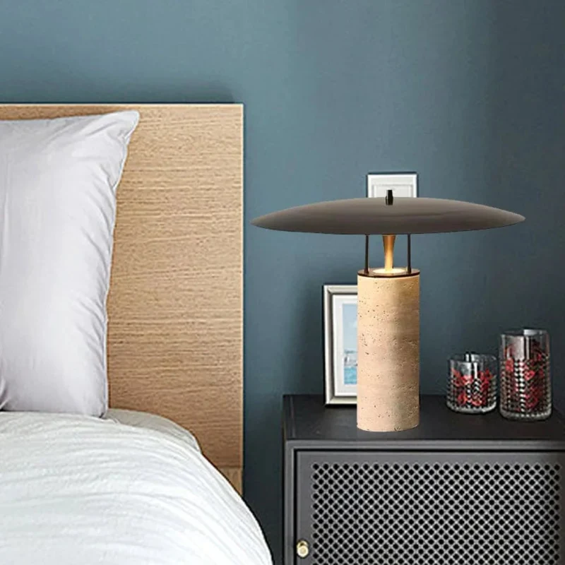 Lampe de Bureau à Poser Socle Pierre – Abat-jour Arrondi, Noir Beige