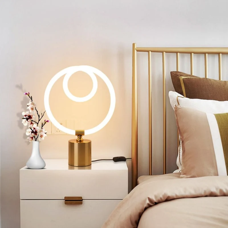 Lampe à Poser Cuivre Bronze à Anneau LED – Chambre Fillette, 2 Teintes