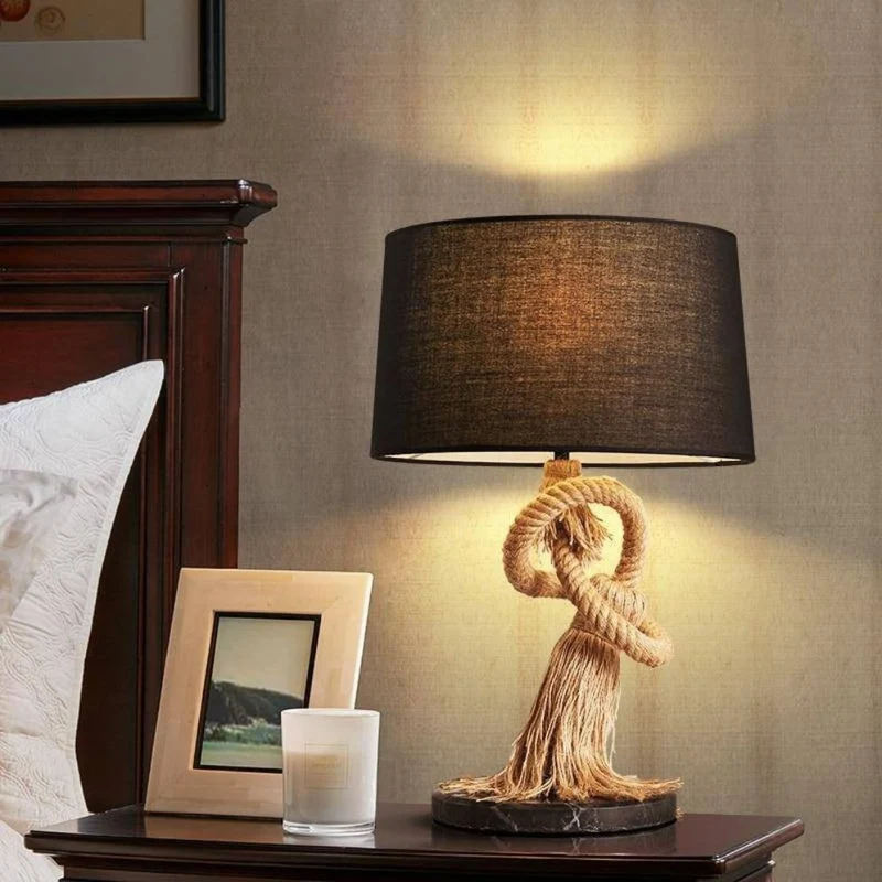 Lampe de Chevet avec Abat-Jour en Tissu et Support en Cordage