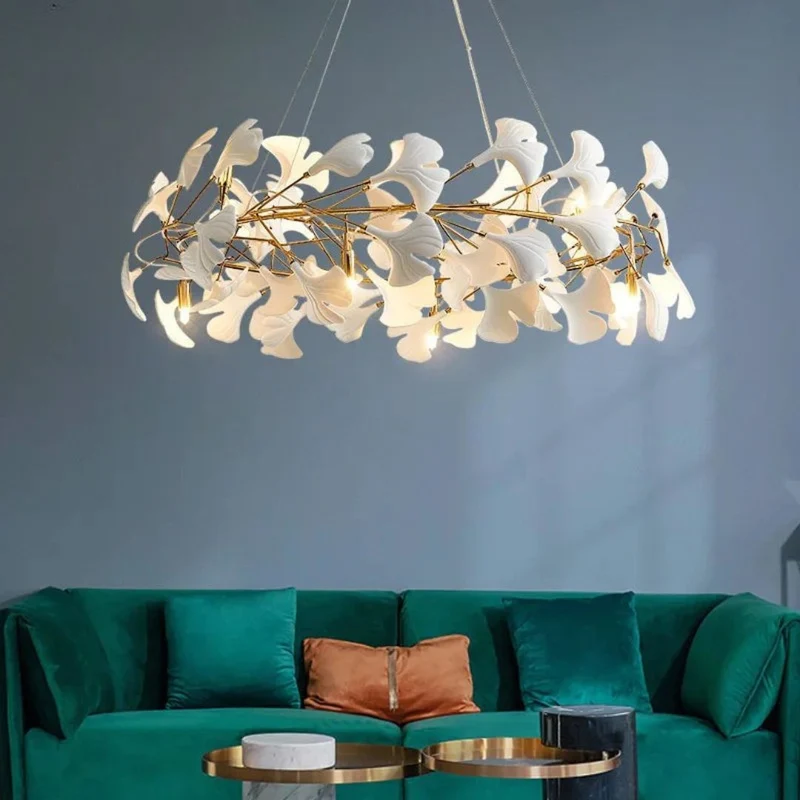 Lustre Luxe Feuilles Céramique et Branches Or – 4 Tailles, Salon Hôtel