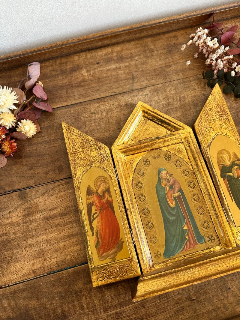 Triptyque religieux florentin en bois années 60
