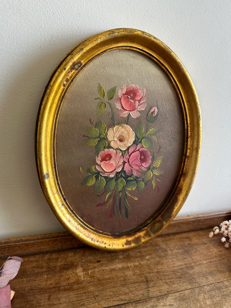 Peinture à l'huile encadrement doré ovale années 70