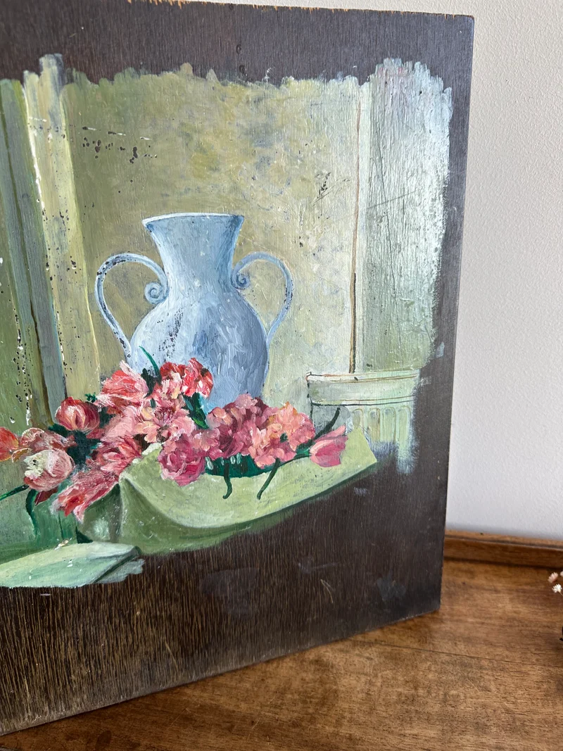 Peinture sur bois effet inachevé années 50