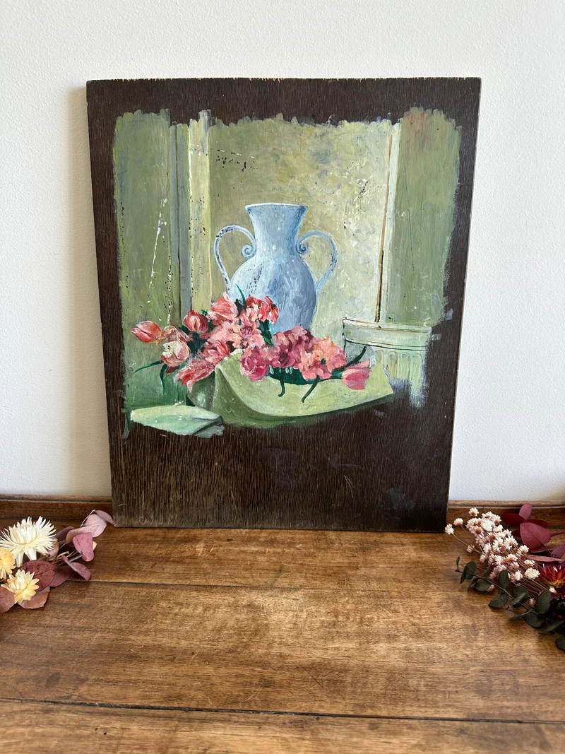 Peinture sur bois effet inachevé années 50