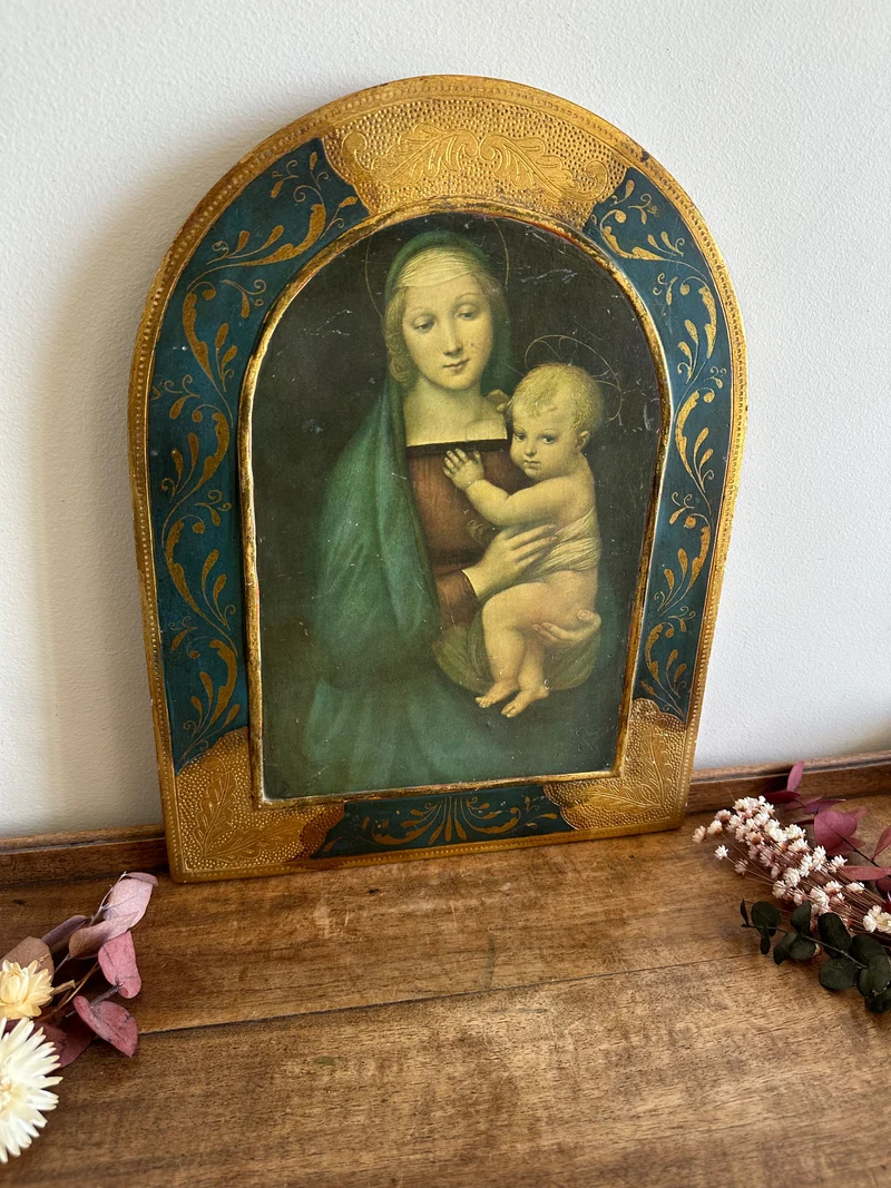 Icone sur bois italienne La Madona del Granduca d'après Sanzio