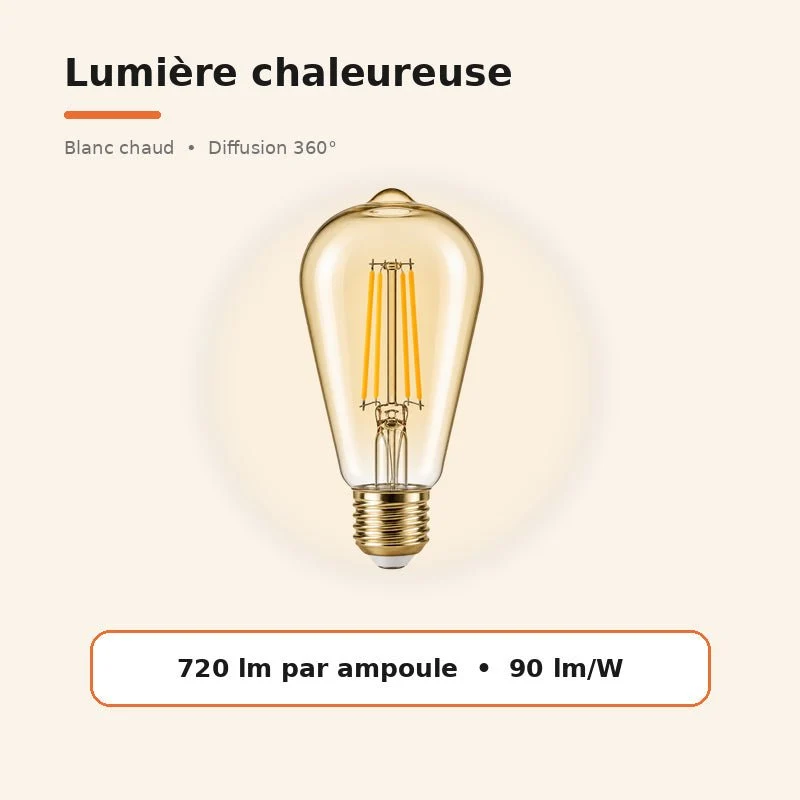 Ampoule LED Filament E27 8W Ambrée ST64 - Pack de 10