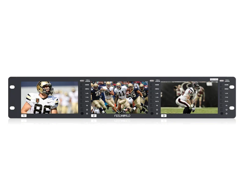 Moniteur rackable triple 5.5" 2U FEELWORLD FRM501G, 12G SDI, 4K HDMI, résolution 1920x1080, dalle IPS, luminosité 1000 nits