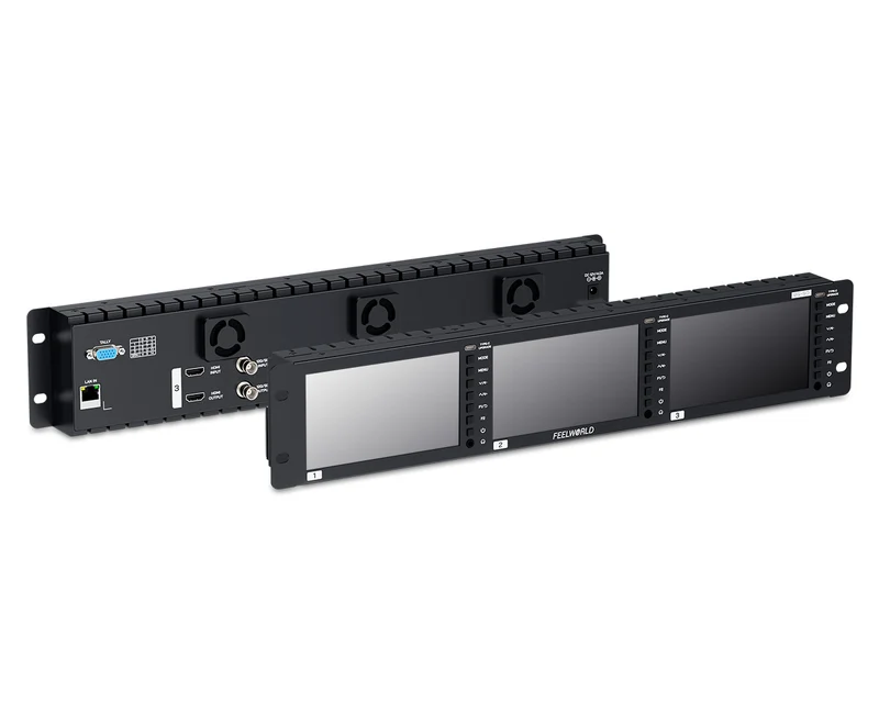 Moniteur rackable triple 5.5" 2U FEELWORLD FRM501G, 12G SDI, 4K HDMI, résolution 1920x1080, dalle IPS, luminosité 1000 nits