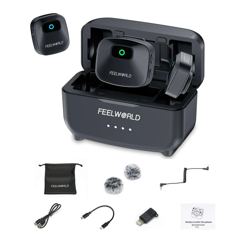 Microphone cravate sans fil FEELWORLD LM1 pour téléphone, ordinateur et appareil photo : 2 émetteurs + 1 récepteur + étui de chargement