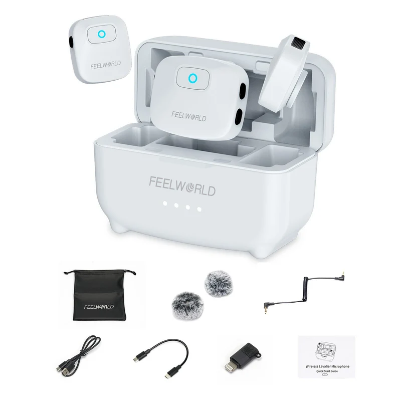 Microphone cravate sans fil FEELWORLD LM1 pour téléphone, ordinateur et appareil photo : 2 émetteurs + 1 récepteur + étui de chargement