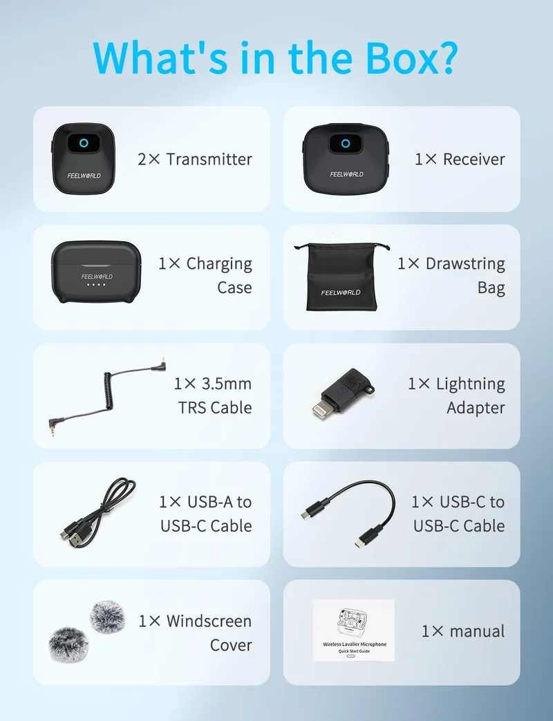 Microphone cravate sans fil FEELWORLD LM1 pour téléphone, ordinateur et appareil photo : 2 émetteurs + 1 récepteur + étui de chargement