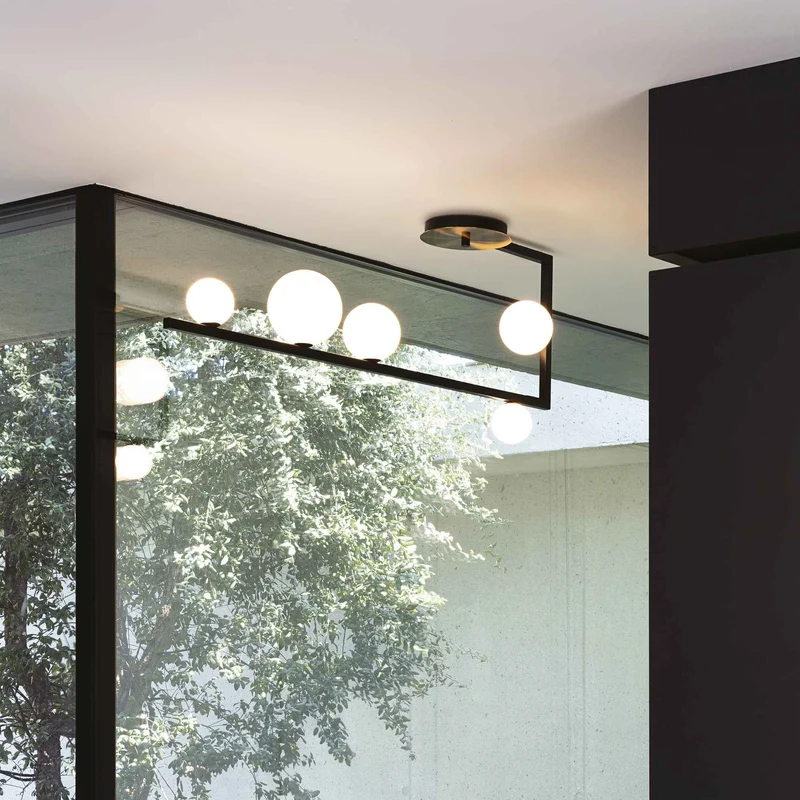 Plafonnier BIRDS 5 lampes – design noir, globes verre soufflé, lumière élégante