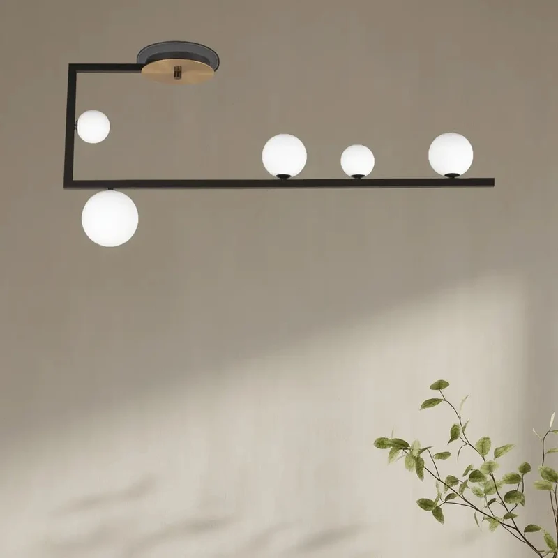Plafonnier BIRDS 5 lampes – design noir, globes verre soufflé, lumière élégante