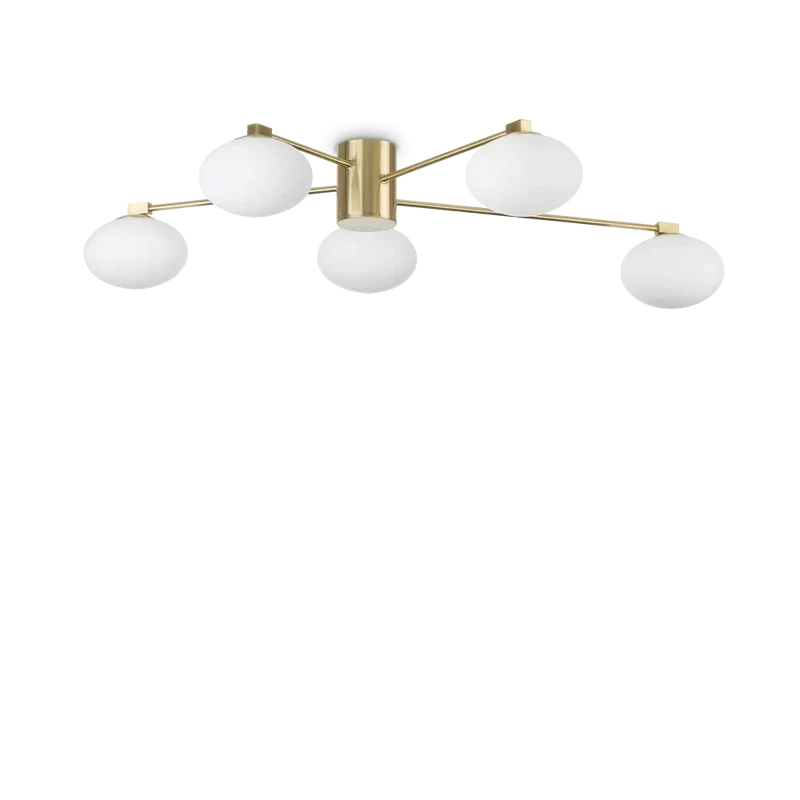 Plafonnier HERMES laiton Ø90 cm, 5 globes en verre soufflé blanc opale