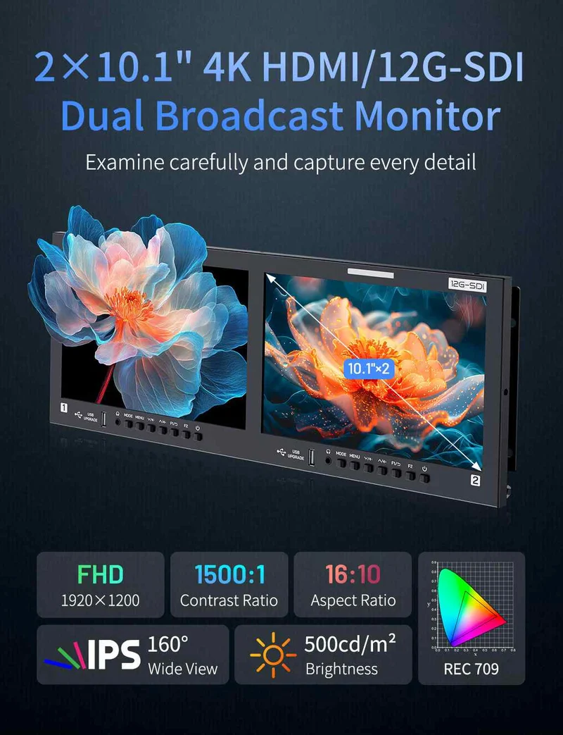 FEELWORLD FRM1001G Double moniteur rackable 4U 10.1 pouces, 12G SDI, HDMI 4K, 1920 x 1200 IPS