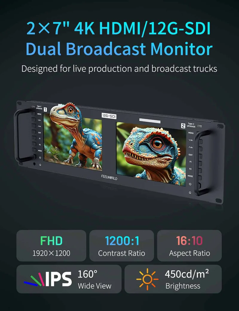 Moniteur rackable 3U double 7 pouces FEELWORLD FRM701G, 12G-SDI, HDMI 4K, résolution 1920 x 1200 IPS