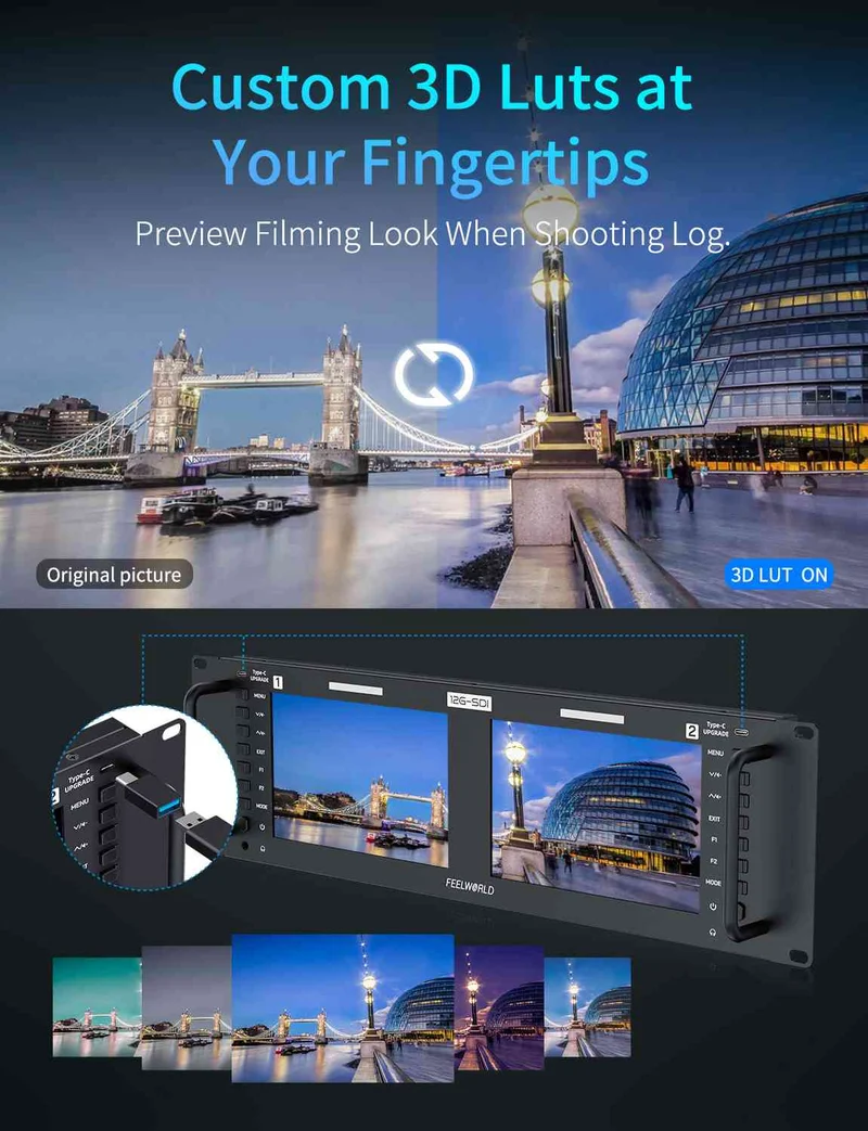 Moniteur rackable 3U double 7 pouces FEELWORLD FRM701G, 12G-SDI, HDMI 4K, résolution 1920 x 1200 IPS