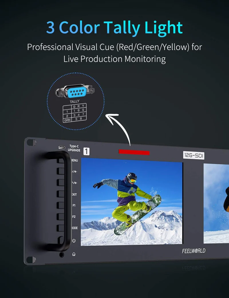 Moniteur rackable 3U double 7 pouces FEELWORLD FRM701G, 12G-SDI, HDMI 4K, résolution 1920 x 1200 IPS