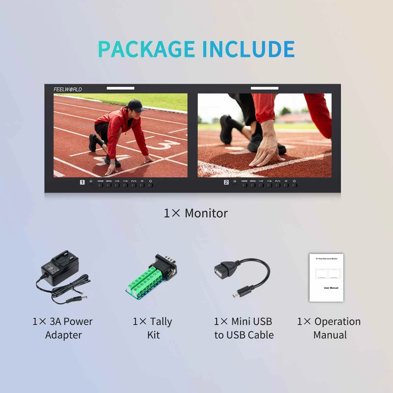 FEELWORLD D101 PLUS Moniteur de diffusion double 10.1 pouces, format rack 4U, 4K, HDMI, 3G-SDI, résolution IPS 1920 x 1200