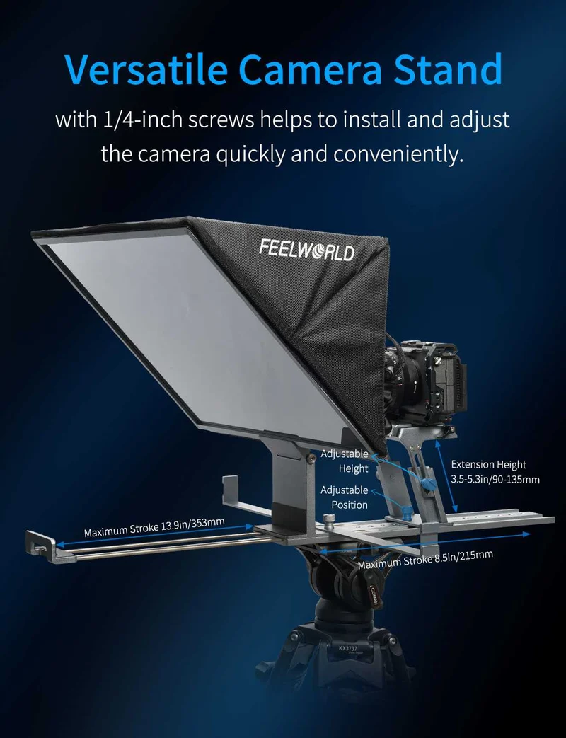 Téléprompteur pliable FEELWORLD TP21 de 21 pouces, compatible avec les appareils de prompteur jusqu'à 21.5 pouces, affichage horizontal et vertical, télécommande Bluetooth.
