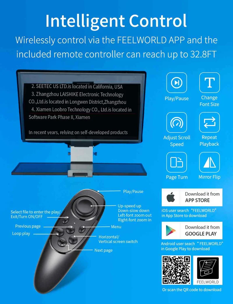 Téléprompteur pliable FEELWORLD TP21 de 21 pouces, compatible avec les appareils de prompteur jusqu'à 21.5 pouces, affichage horizontal et vertical, télécommande Bluetooth.