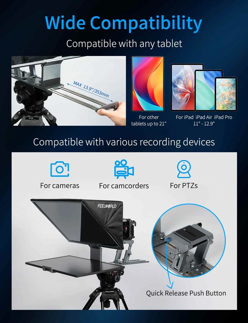 Téléprompteur pliable FEELWORLD TP21 de 21 pouces, compatible avec les appareils de prompteur jusqu'à 21.5 pouces, affichage horizontal et vertical, télécommande Bluetooth.