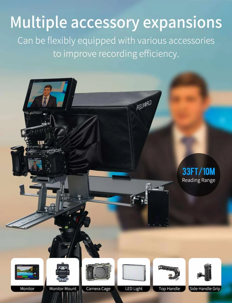 Téléprompteur pliable FEELWORLD TP21 de 21 pouces, compatible avec les appareils de prompteur jusqu'à 21.5 pouces, affichage horizontal et vertical, télécommande Bluetooth.
