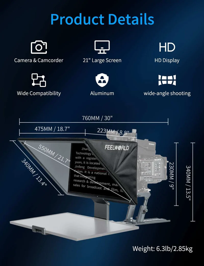 Téléprompteur pliable FEELWORLD TP21 de 21 pouces, compatible avec les appareils de prompteur jusqu'à 21.5 pouces, affichage horizontal et vertical, télécommande Bluetooth.