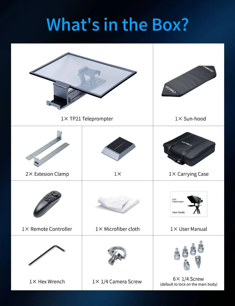 Téléprompteur pliable FEELWORLD TP21 de 21 pouces, compatible avec les appareils de prompteur jusqu'à 21.5 pouces, affichage horizontal et vertical, télécommande Bluetooth.