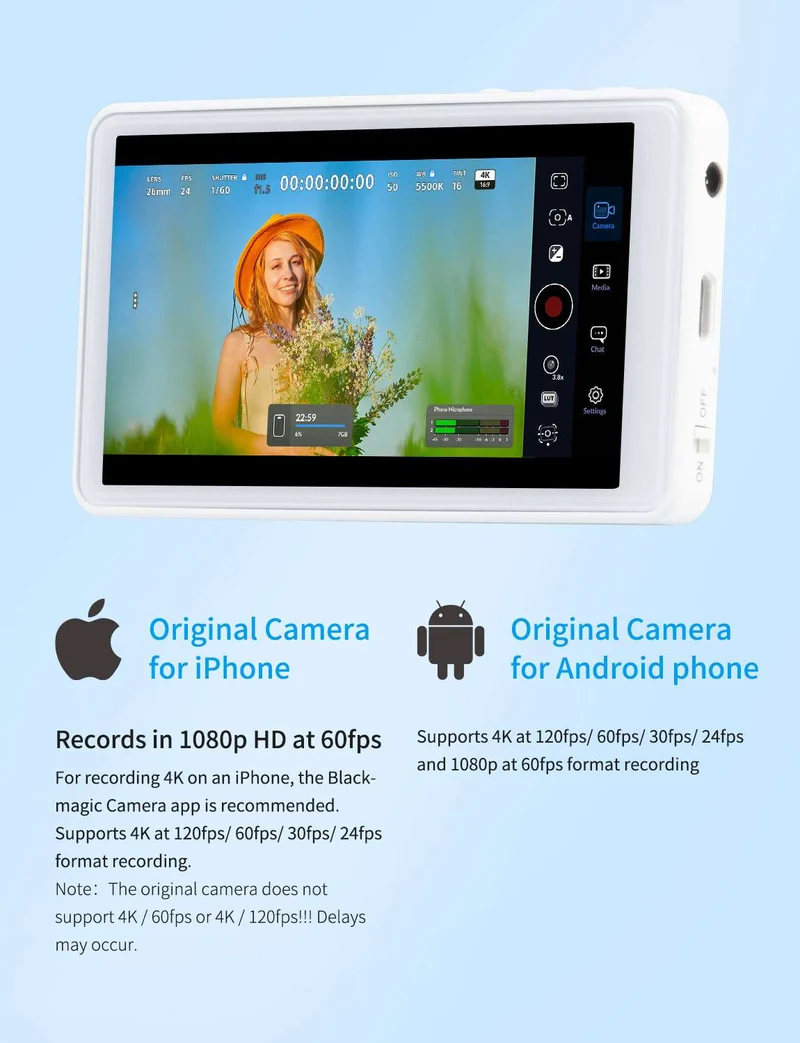 Moniteur selfie FEELWORLD MC4 pour iPhone/Android, 4K/1080p, magnétique, sans fil, portée de 30 m (99 pieds), HD pour vlogging et streaming