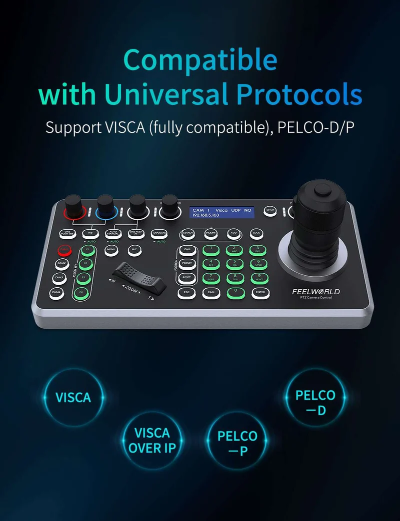 Contrôleur de caméra PTZ NDI FEELWORLD KBC20N avec joystick et clavier, compatible avec plusieurs protocoles de contrôle et PoE.