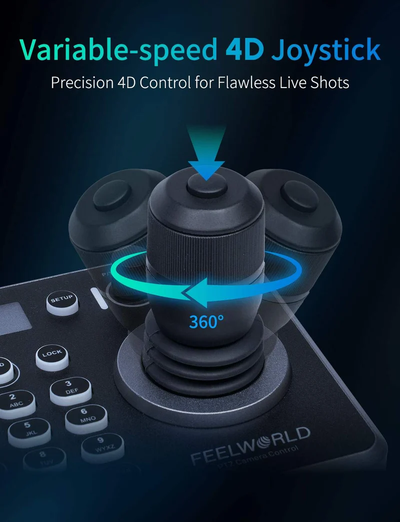 Contrôleur de caméra PTZ NDI FEELWORLD KBC20N avec joystick et clavier, compatible avec plusieurs protocoles de contrôle et PoE.