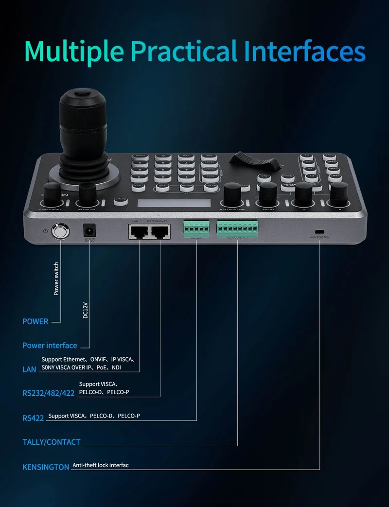 Contrôleur de caméra PTZ NDI FEELWORLD KBC20N avec joystick et clavier, compatible avec plusieurs protocoles de contrôle et PoE.