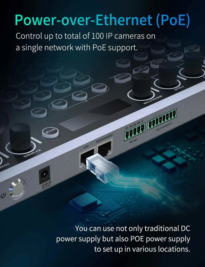 Contrôleur de caméra PTZ NDI FEELWORLD KBC20N avec joystick et clavier, compatible avec plusieurs protocoles de contrôle et PoE.