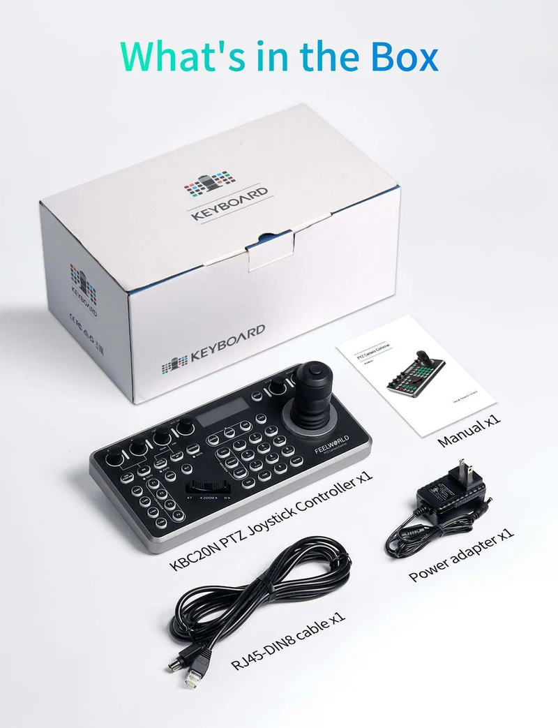 Contrôleur de caméra PTZ NDI FEELWORLD KBC20N avec joystick et clavier, compatible avec plusieurs protocoles de contrôle et PoE.