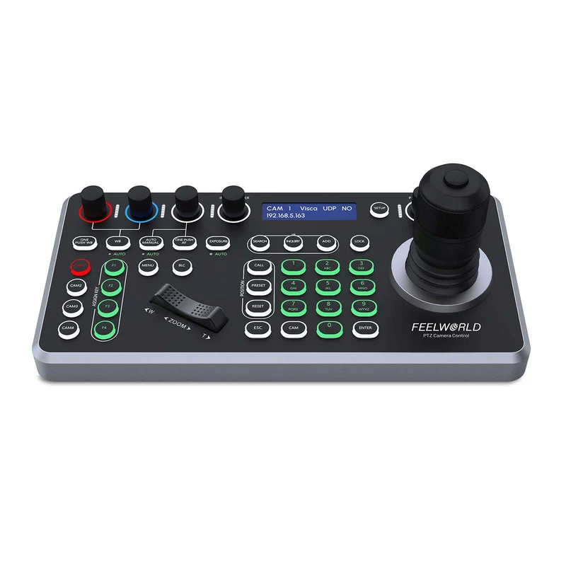 Contrôleur de caméra PTZ FEELWORLD KBC20 avec joystick et clavier, compatible avec plusieurs protocoles de contrôle et PoE.