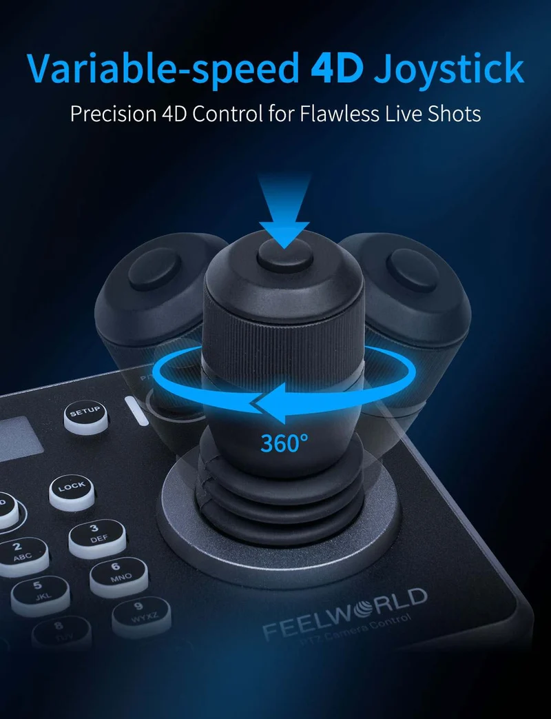 Contrôleur de caméra PTZ FEELWORLD KBC20 avec joystick et clavier, compatible avec plusieurs protocoles de contrôle et PoE.