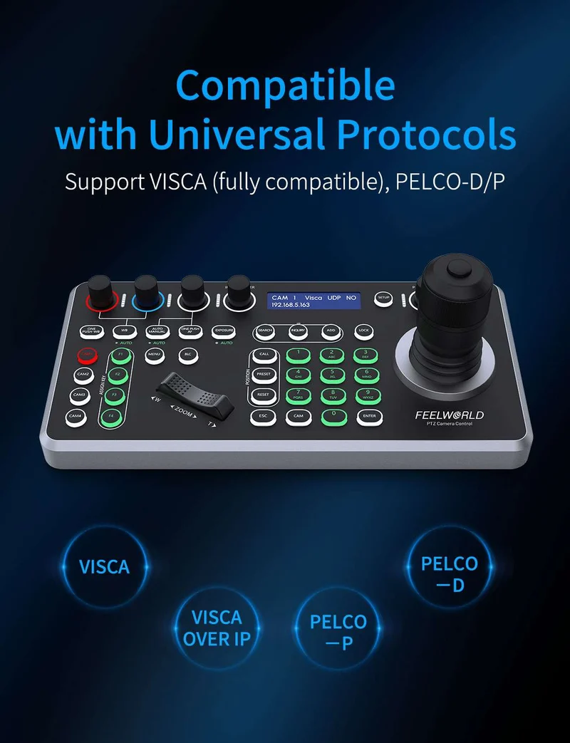 Contrôleur de caméra PTZ FEELWORLD KBC20 avec joystick et clavier, compatible avec plusieurs protocoles de contrôle et PoE.