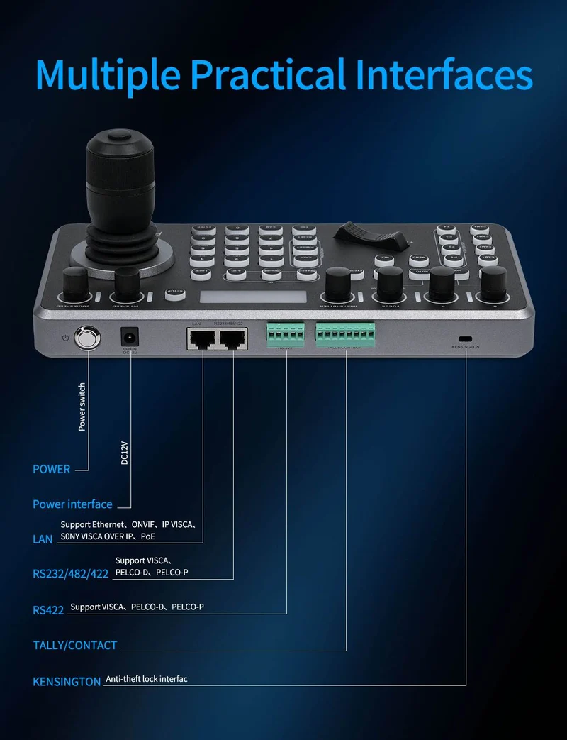 Contrôleur de caméra PTZ FEELWORLD KBC20 avec joystick et clavier, compatible avec plusieurs protocoles de contrôle et PoE.