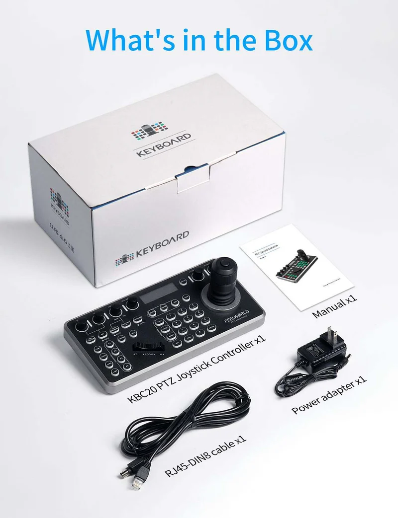 Contrôleur de caméra PTZ FEELWORLD KBC20 avec joystick et clavier, compatible avec plusieurs protocoles de contrôle et PoE.