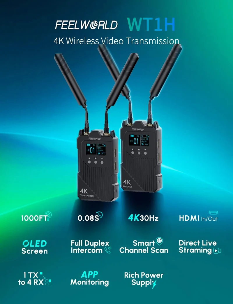 Système de transmission vidéo sans fil 4K FEELWORLD WT1H : double HDMI, interphone duplex intégral, diffusion en direct
