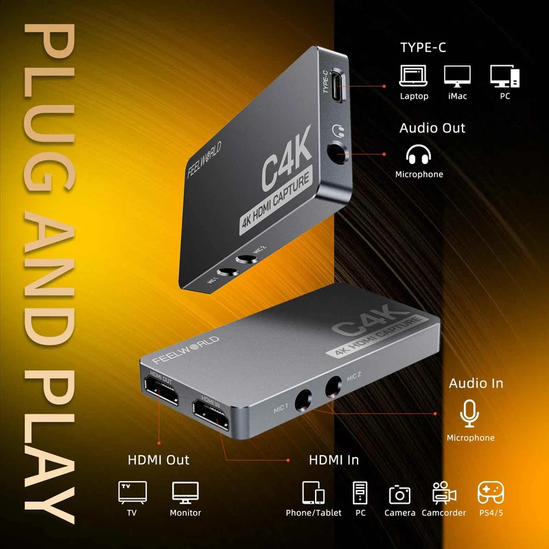 Capture vidéo FEEWORLD C4K 4K HDMI 60 Hz Entrée et sortie USB-C Plug and Play pour le streaming, les jeux, les vidéoconférences