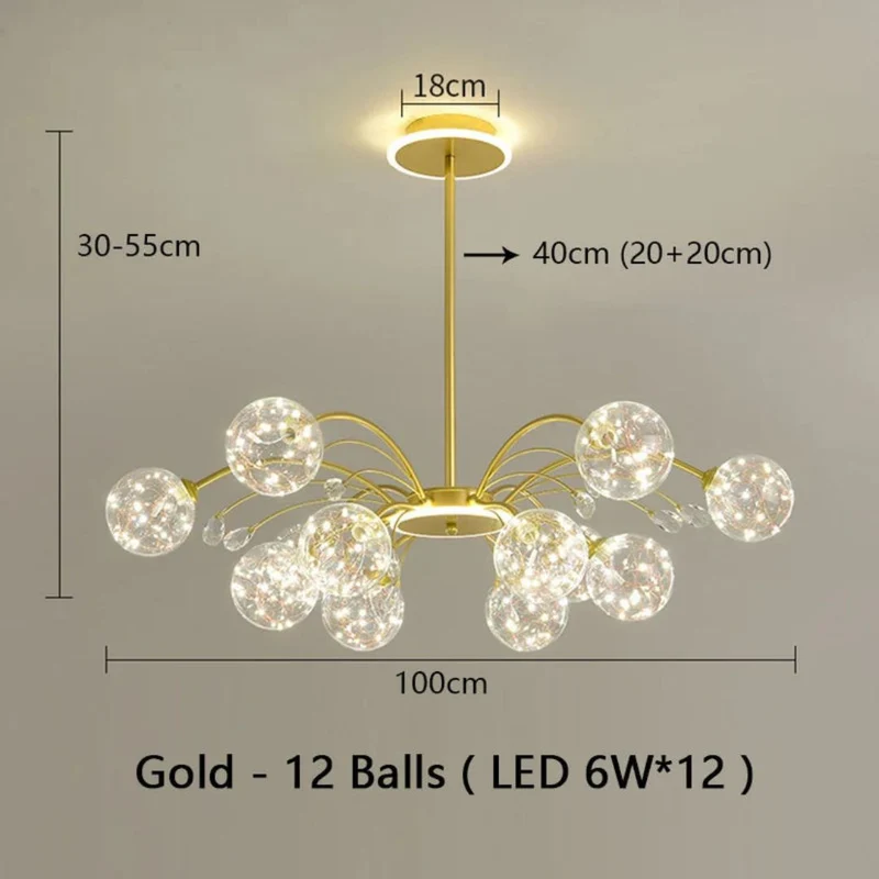 Lustre Boule en Verre Noir ou Doré – 6 à 16 LED, Pièce Maîtresse