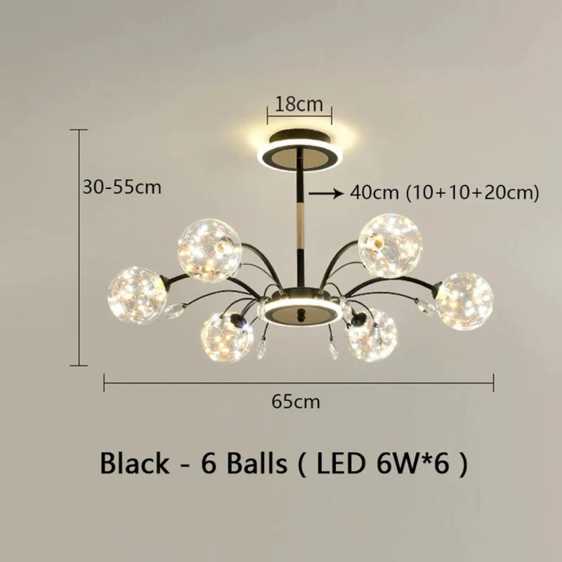 Lustre Boule en Verre Noir ou Doré – 6 à 16 LED, Pièce Maîtresse