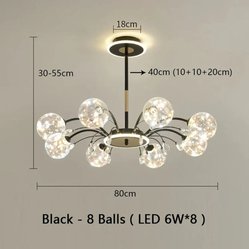 Lustre Boule en Verre Noir ou Doré – 6 à 16 LED, Pièce Maîtresse