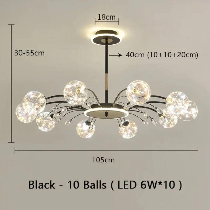 Lustre Boule en Verre Noir ou Doré – 6 à 16 LED, Pièce Maîtresse