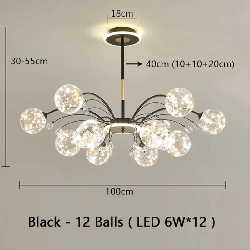 Lustre Boule en Verre Noir ou Doré – 6 à 16 LED, Pièce Maîtresse